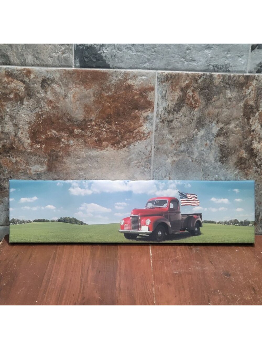 Wall Decor Hanging Picture Red Truck American Flag USA